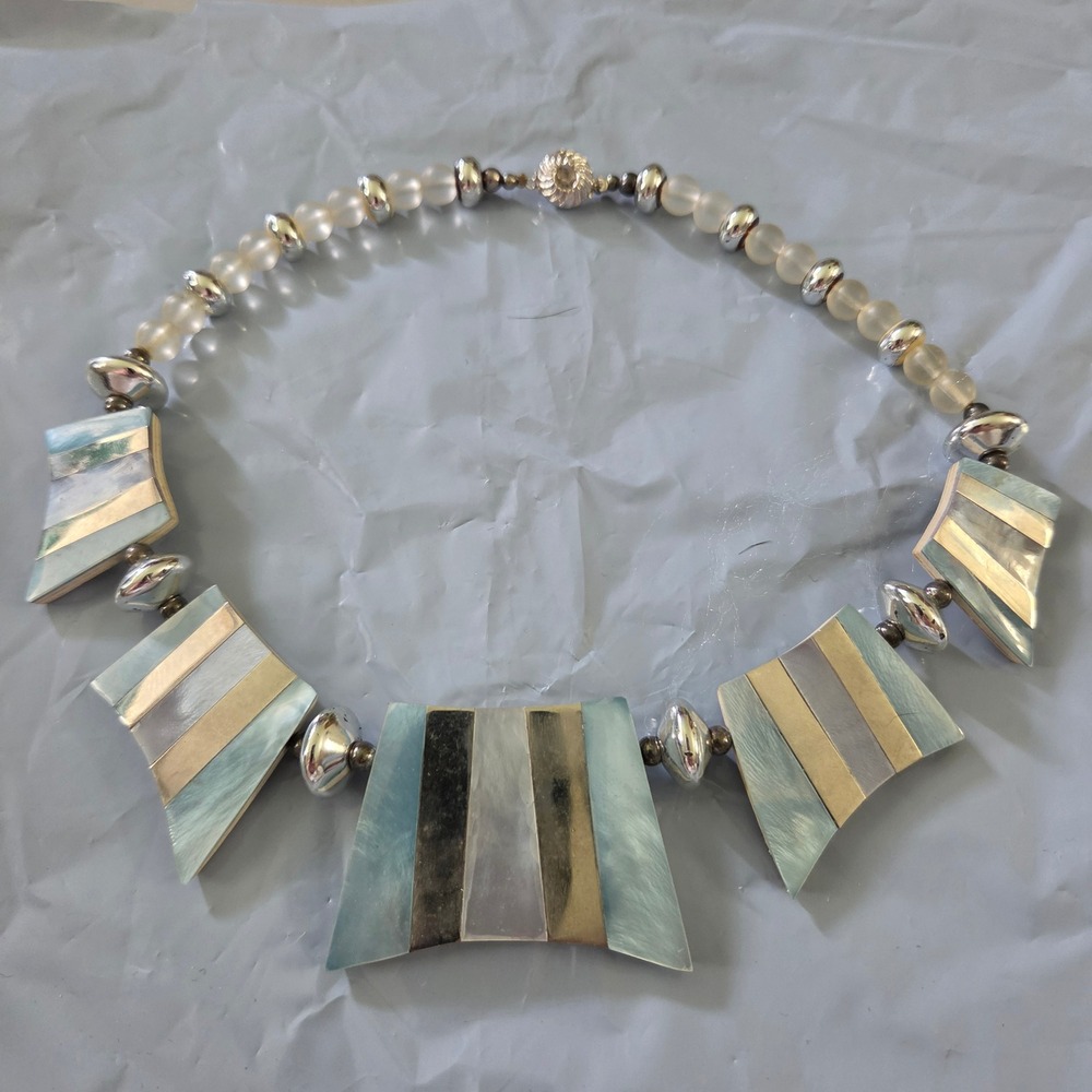 Vintage Mother of Pearl Shell Ceramic Bib Necklace Geometric Striped Coastal Art